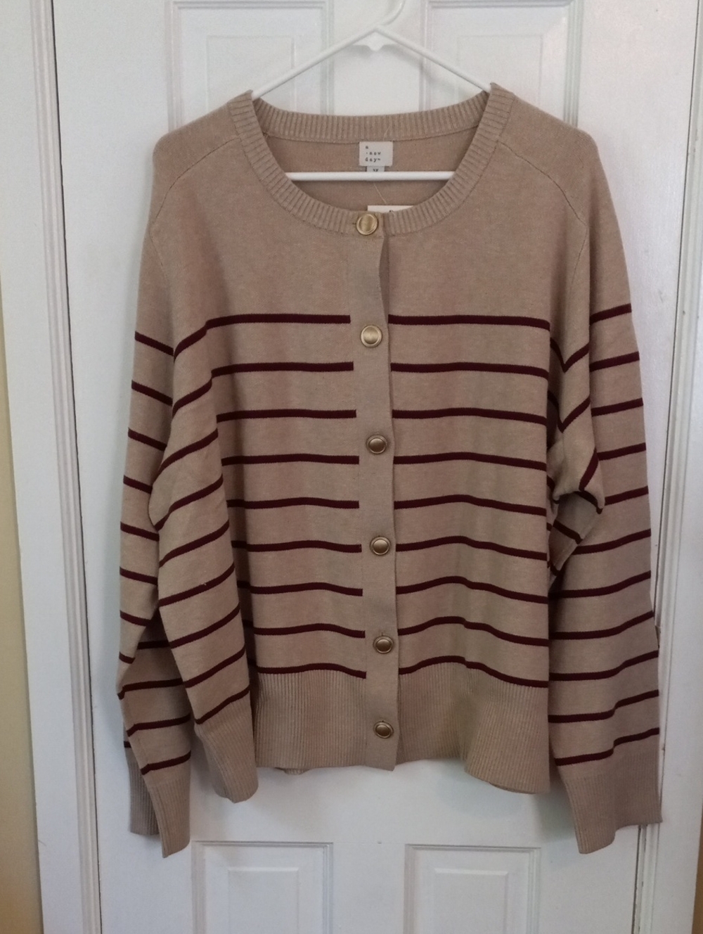A New Day Beige Cardigan with Burgundy Stripes